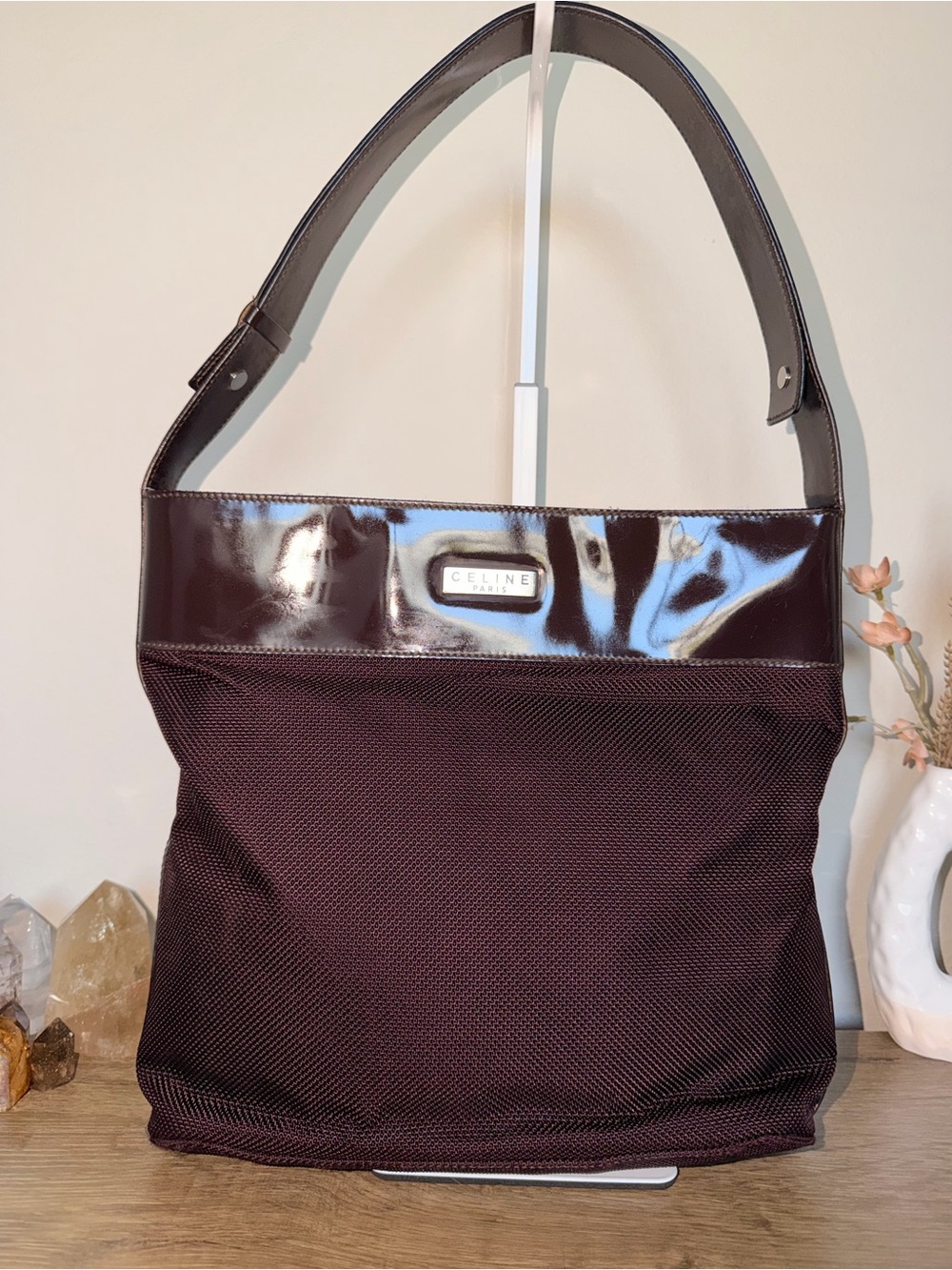 Vintage Celine Dark Brown Mixed-Material Shoulder Bag